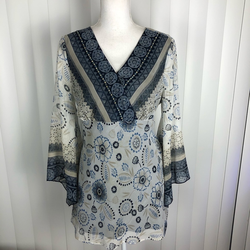 HEIRLOOM LIMITED VINTAGE BEADED FAN SLEEVE TIE BACK TUNIC PAISLEY SZ MED